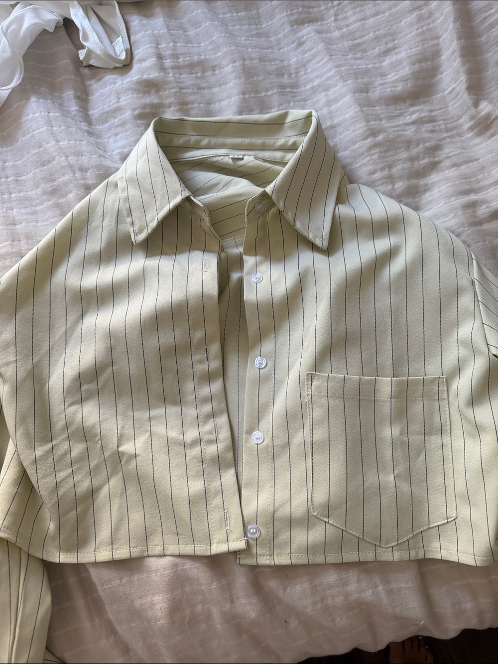 Cropped Pinstripe Button-Down Shirt - Cream with Black Pinstripes